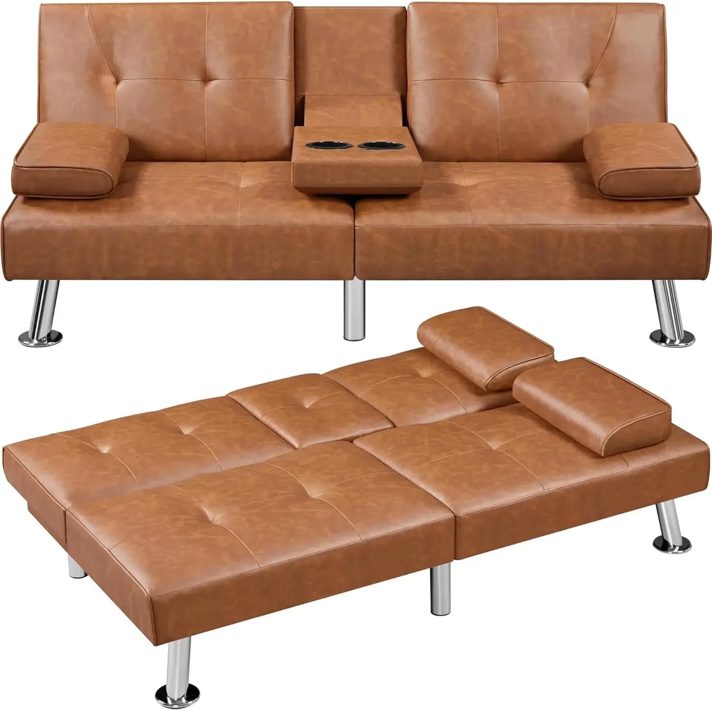 Artificial Leather Sofa Bed with Drop-Down Cup Holders & 2 Throw Pillows, Adjustable Backrest Lays Flat to Create a Platform Bed