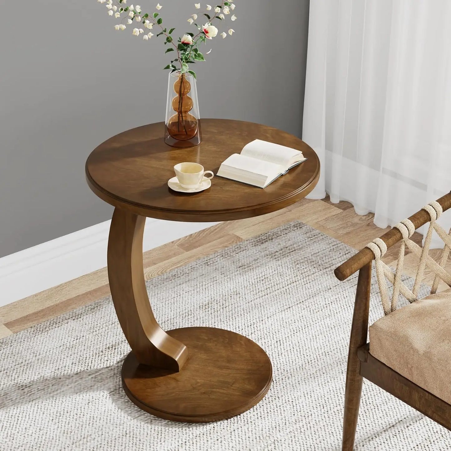 Vintage Industrial Design Wooden End Table, Round Tabletop & Base Connected with a C-Shaped Wood Leg