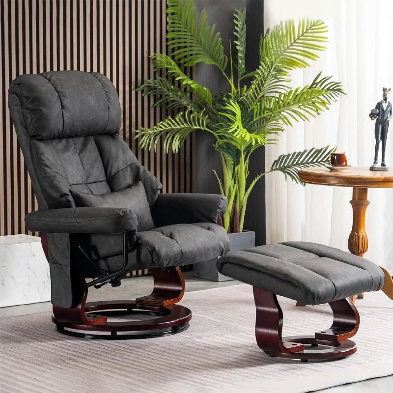 Swivel Recliner Chair & Ottoman with Remote Controlled Vibration Massage, Removable Lumbar Pillow & Ball-Bearing 360° Swivel Wood Base