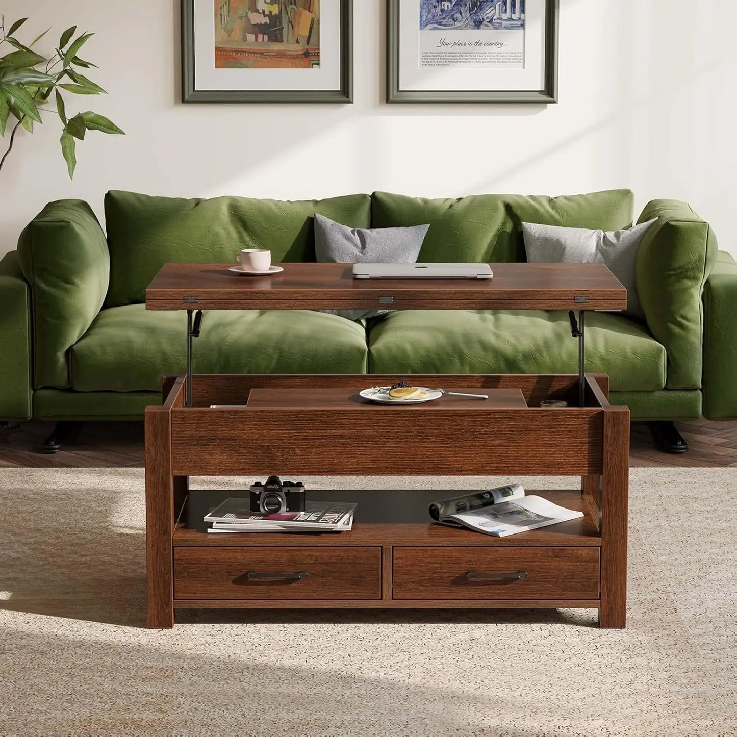 Split Lift Top Coffee Table with 3 Hidden Storage Areas & 2 Sliding Drawers, Multi-Functional Table for Smaller Rooms