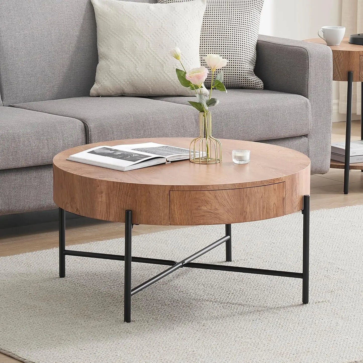 Natural Wood Grain Texture Round Coffee Table with Two Pull-Out Drawers & Metal Legs