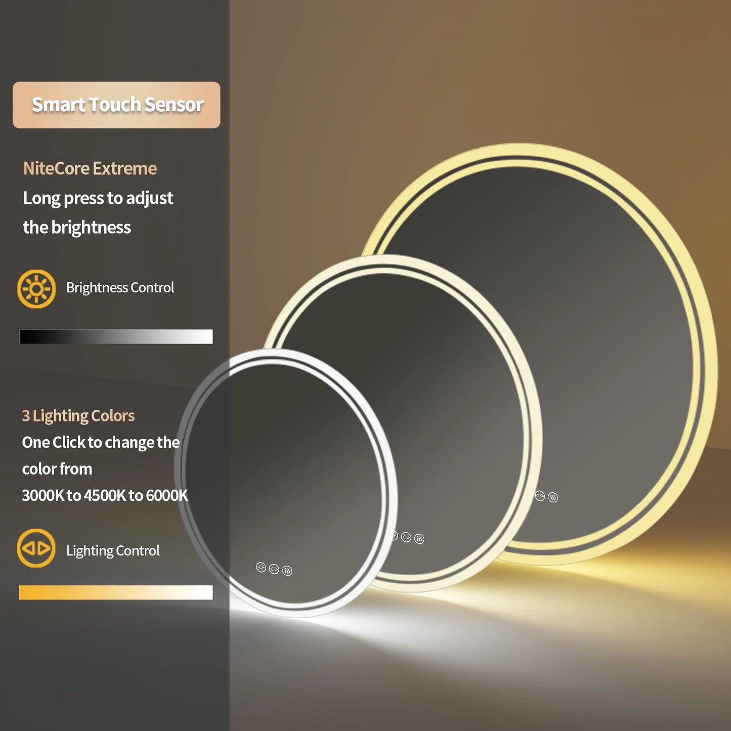 Round Backlit Illuminated Bathroom Mirror with 3 Color LED Lights, Anti-Fog, IP65, Dimmable & Wall Mounted