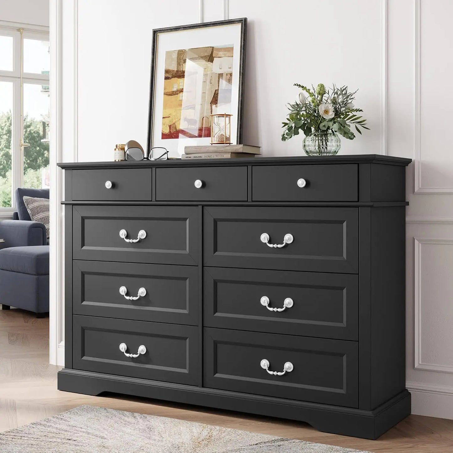 Farmhouse 9 Drawer Dresser for Bedroom with Natural Wood Grain, Antique Metal Finish Pull Handles & Waterproof Top