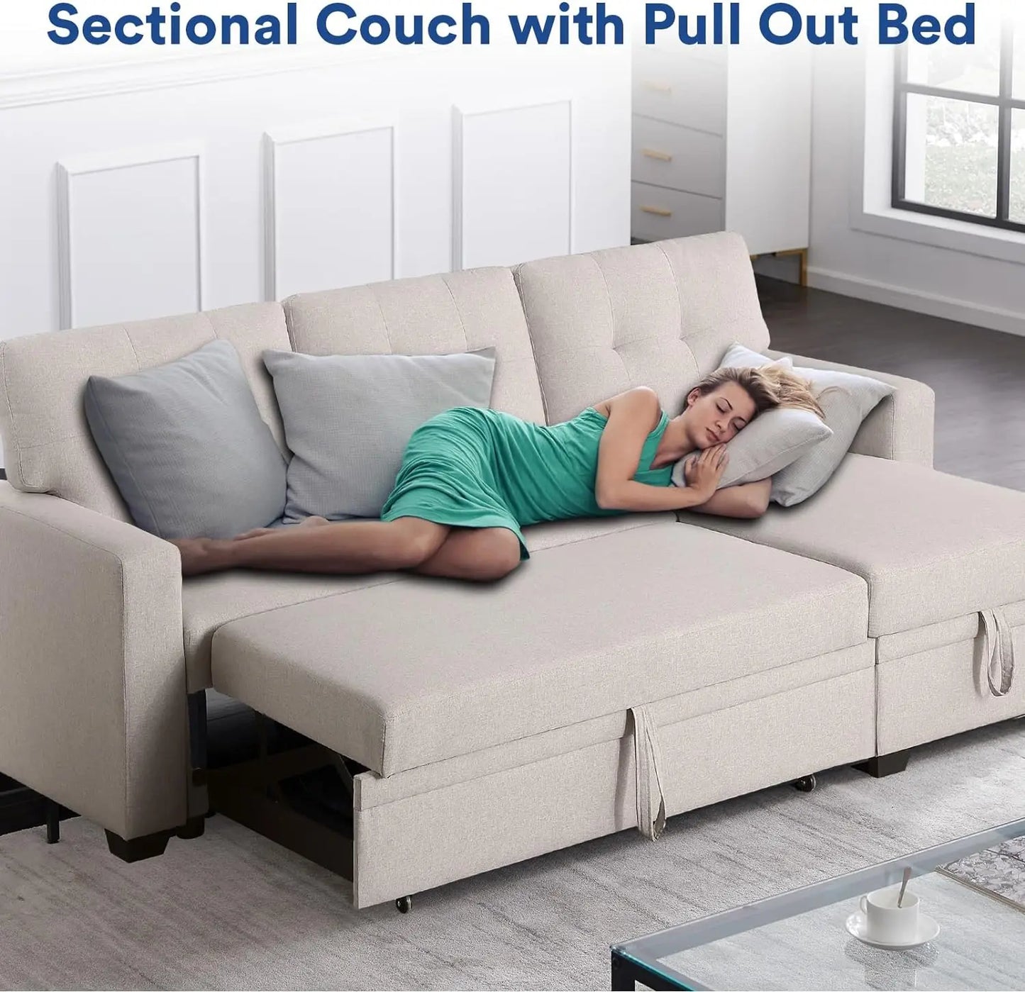 L-Shaped Chaise Couch with Storage & Pull Out Bed, Multifunctional Comfy Sectional Sleeper Sofa