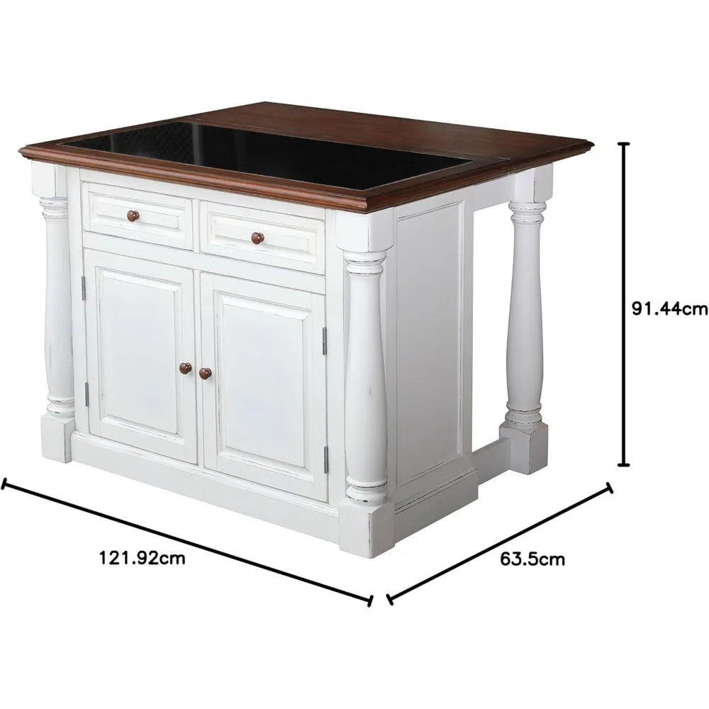 Monarch White Kitchen Island with Distressed Oak Top, Black Granite Top Inset, 2 Door Cabinet with 4 Adjustable Shelves & 2 Drawers