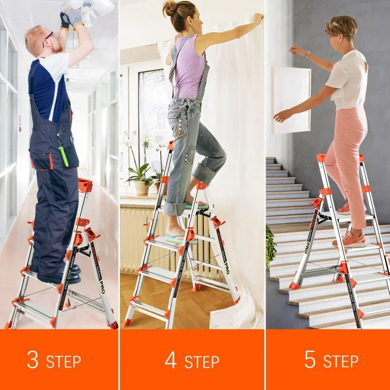 Aluminum 5 Step Ladder with Handrails, Anti-Slip Wide Pedal, Tool Platform, Telescoping, Foldable