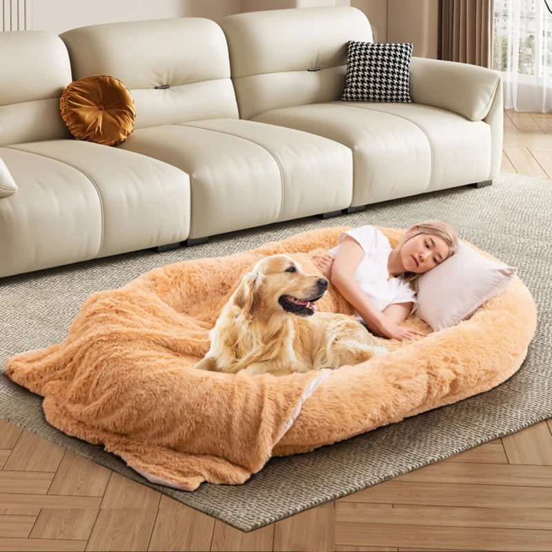 Cozy Ultra-Soft Dog Lying Bed with Soft Blanket, Plump Pillow & Side Storage Pockets, Large Size for People & Pets