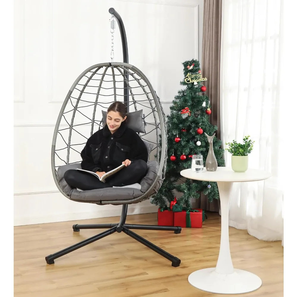 Hanging Egg Chair with Stand, Low Maintenance PE Rattan, Washable & UV Resistant Cushions, Suitable for Indoors or Outdoors