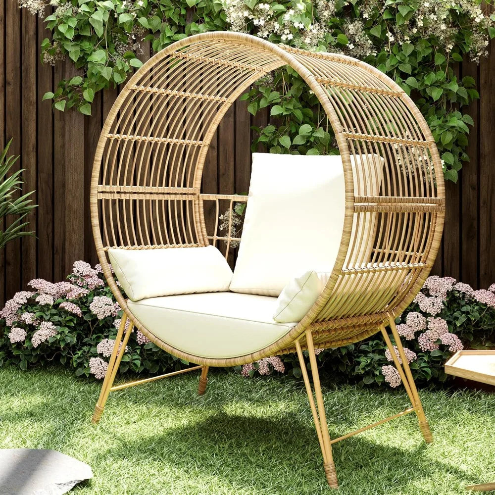 Oversized Wicker Round Egg Chair with Stand, Steel Frame, 6.69'' Fast Rebound Foam Cushions, For Indoors or Outdoors