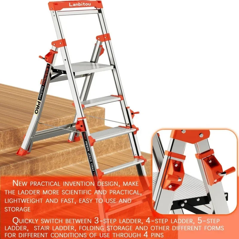 Aluminum 5 Step Ladder with Handrails, Anti-Slip Wide Pedal, Tool Platform, Telescoping, Foldable