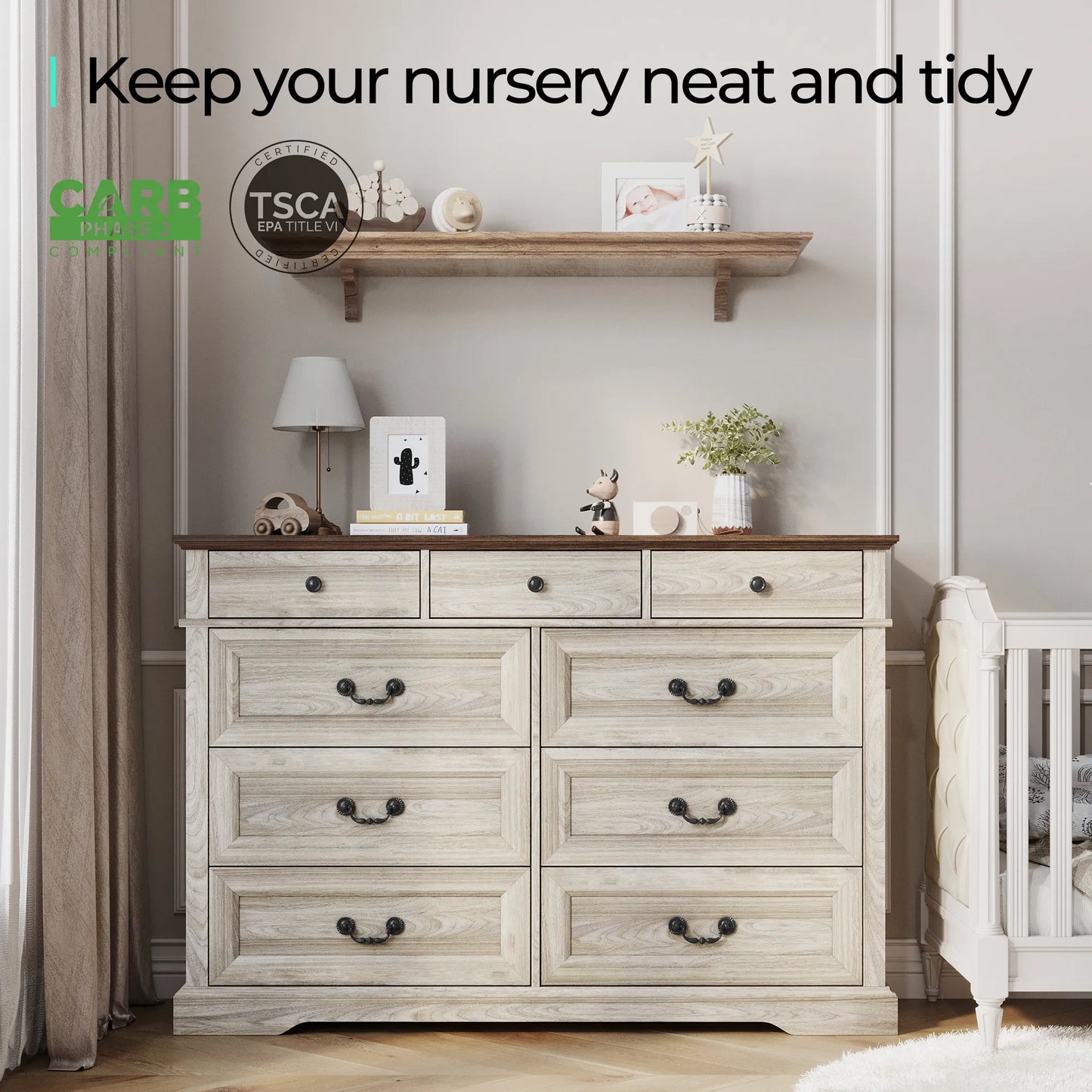 Modern Farmhouse Dresser with Antique Design Metal Handles, 9 Drawers, Crafted From High-Grade Eco-Friendly Wood