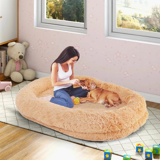 Cozy Ultra-Soft Dog Lying Bed with Soft Blanket, Plump Pillow & Side Storage Pockets, Large Size for People & Pets