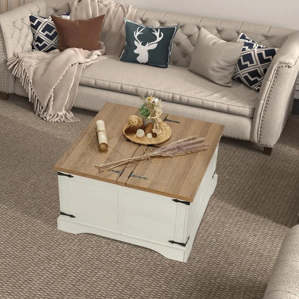 Farmhouse Square Coffee Table with 2 Lift Tops for Storage, Seashell White