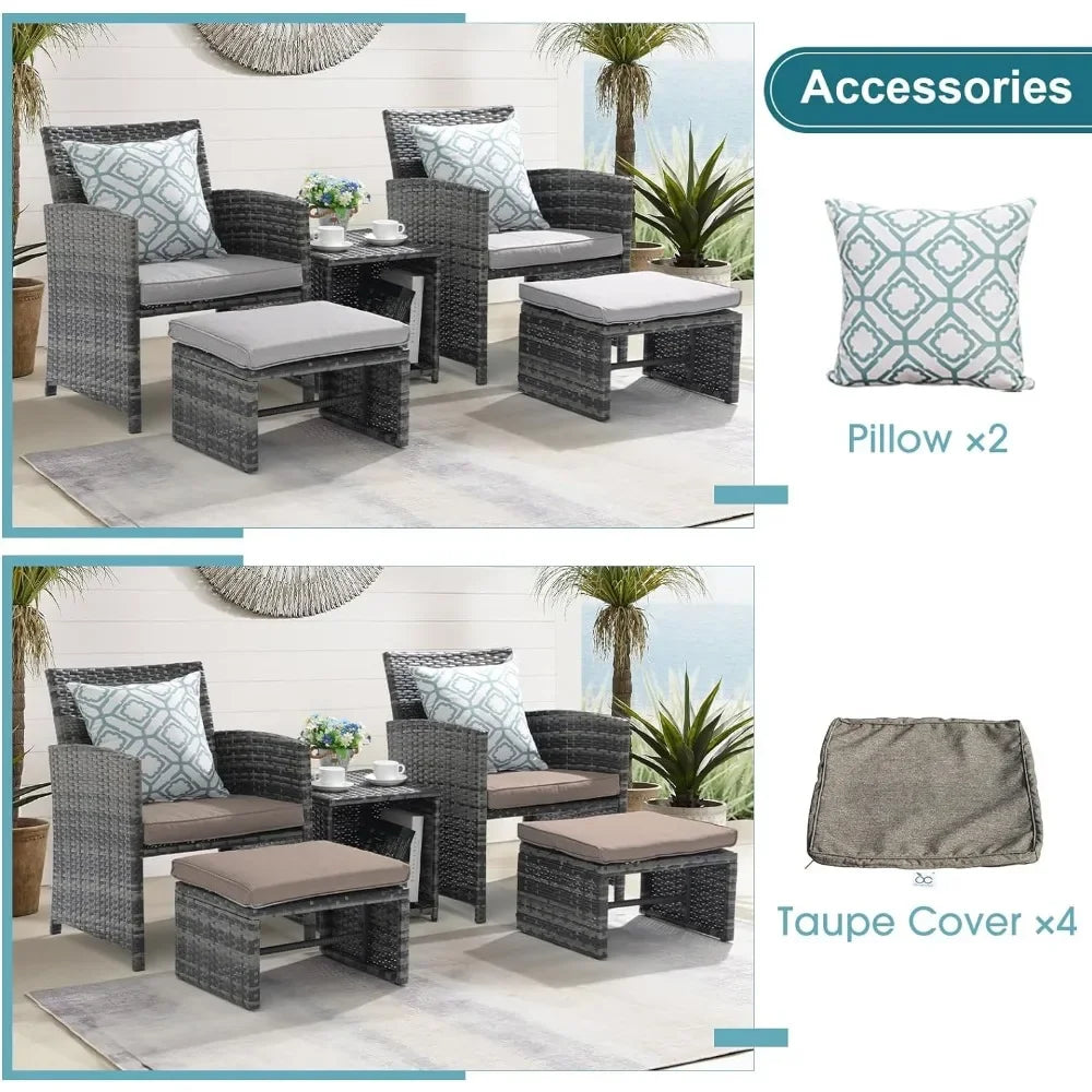 Patio Furniture 5 Piece Set, Wicker Outdoor Conversation Chair & Ottoman Set with Coffee Table, Pillows Included