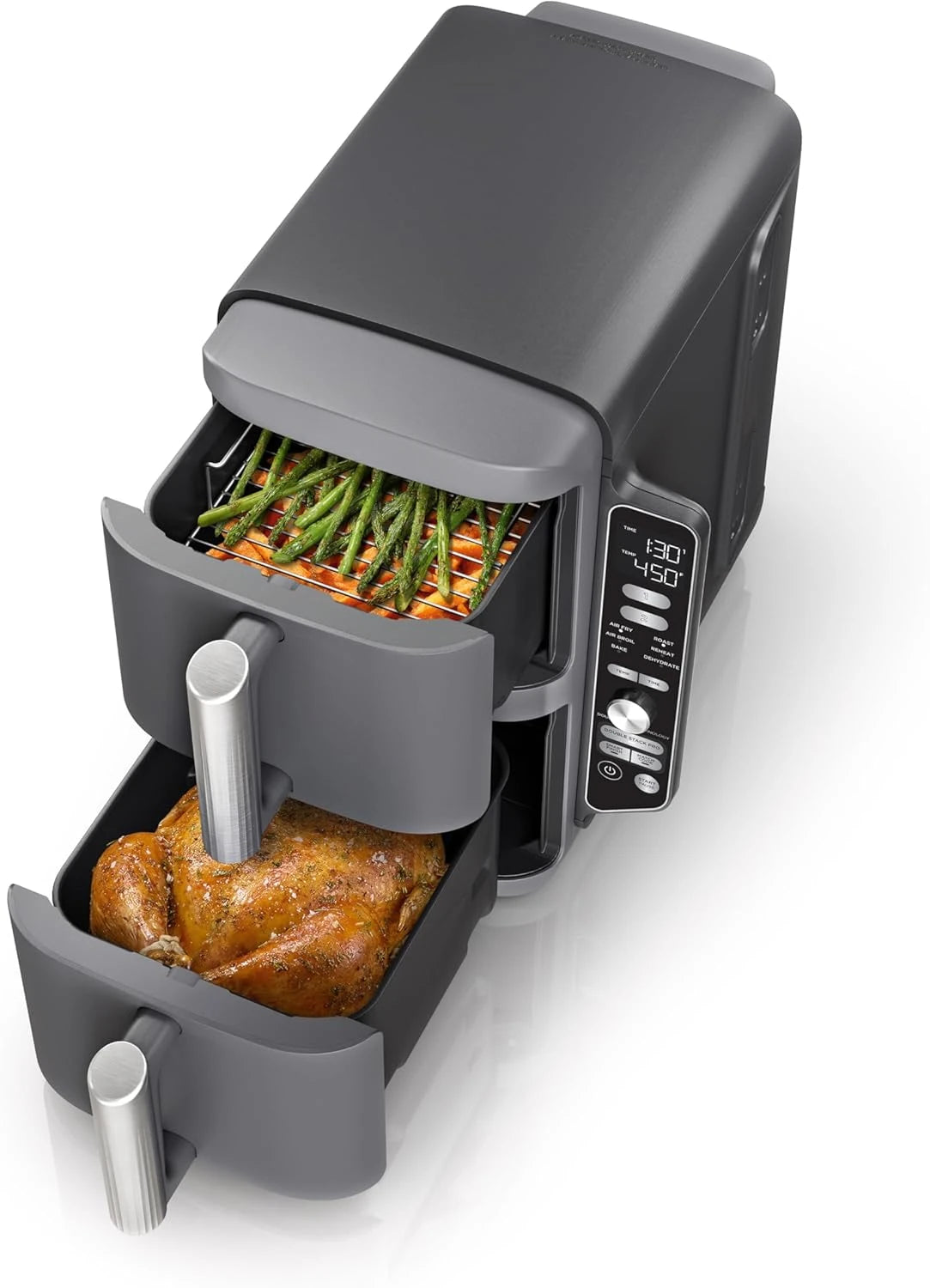 Compact Design Double Stack XL 2-Basket Air Fryer, 10 Quart Capacity, Cooks 4 Foods at Once with Stacked Metal Racks