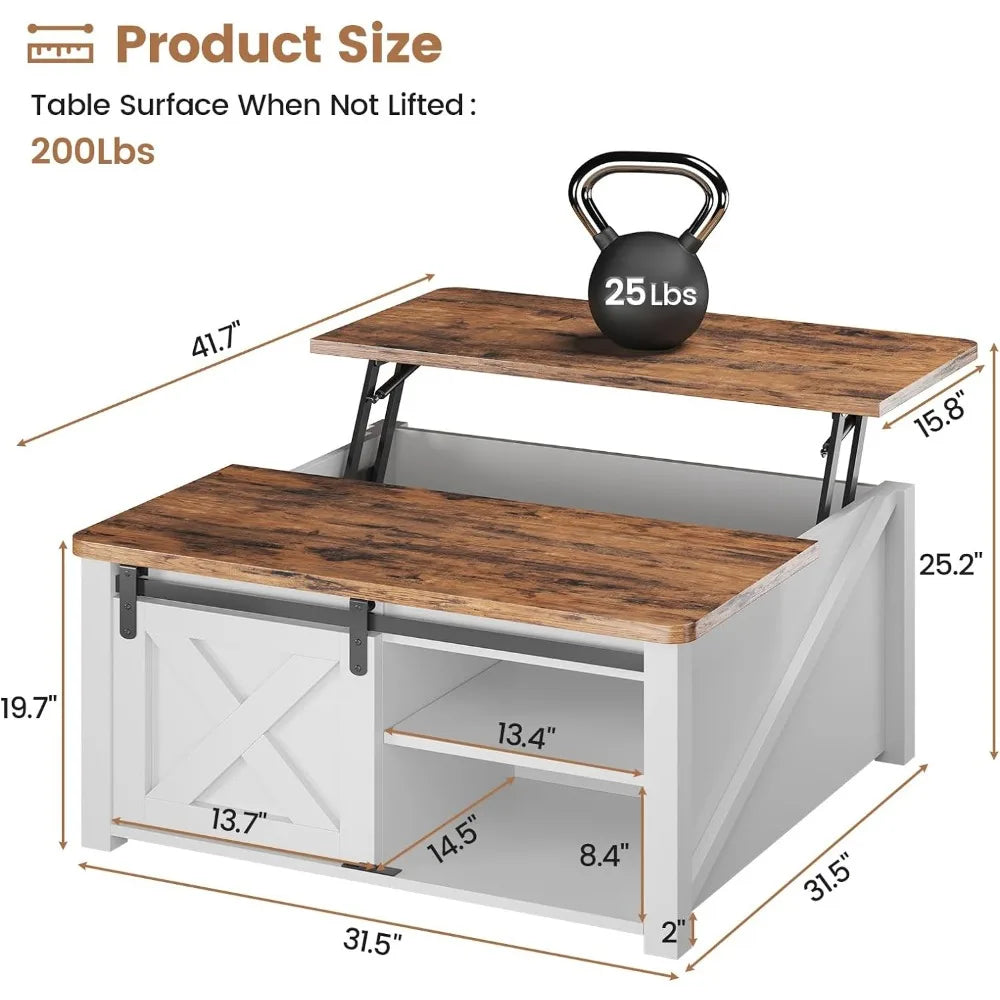 Lift Top Farmhouse Coffee Table with Storage Area Behind Sliding Doors & Adjustable Shelves, Rustic 31.5" Square Table