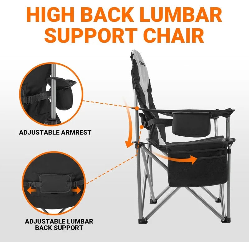 Lumbar Support Foldable Camping Chair with Adjustable Armrest & 4 Storage Pockets, 2pcs