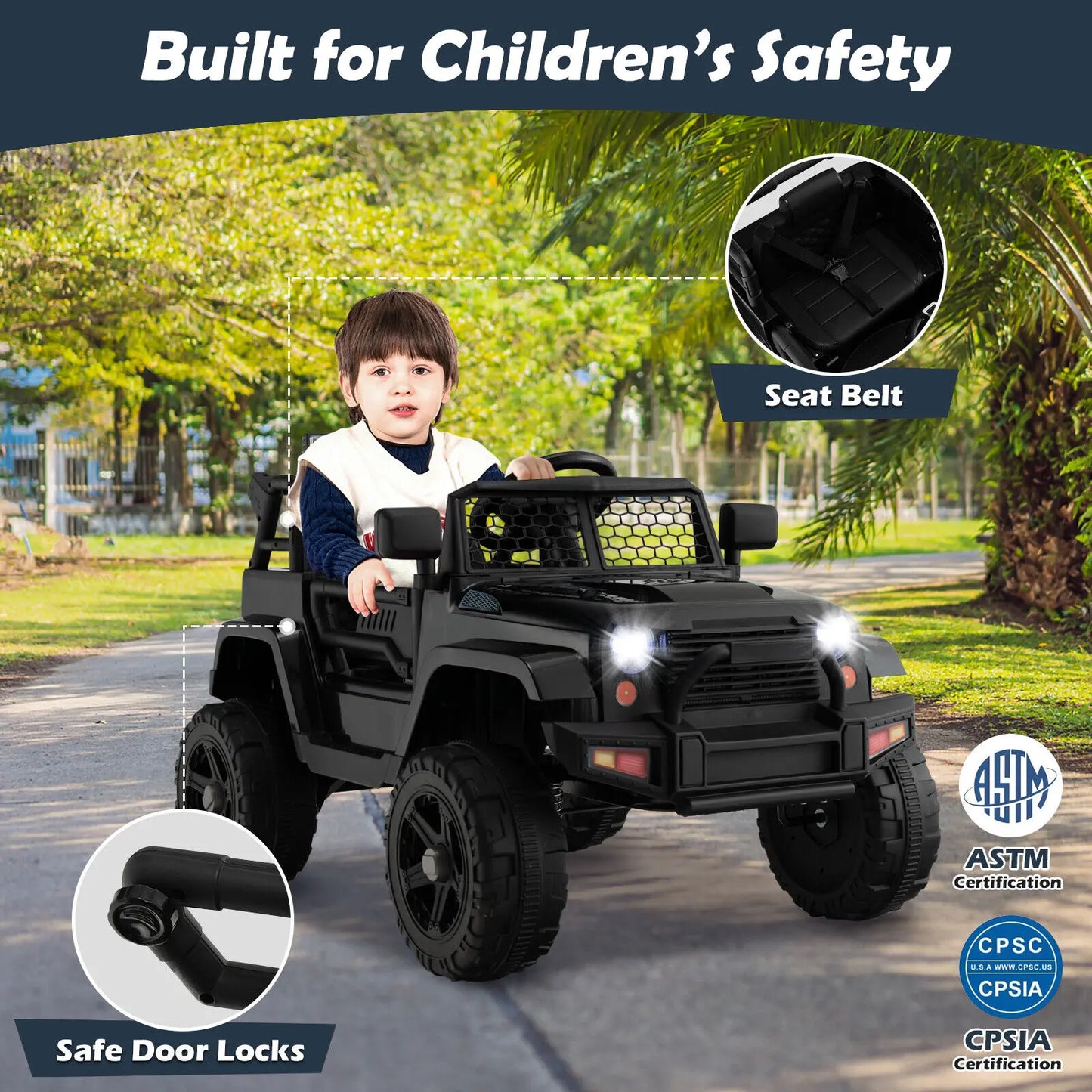 Midnight Edition Electric 12V Kids Ride On with 4 Spring Shocks, Remote Control, Lockable Doors & Screen Style Windshield