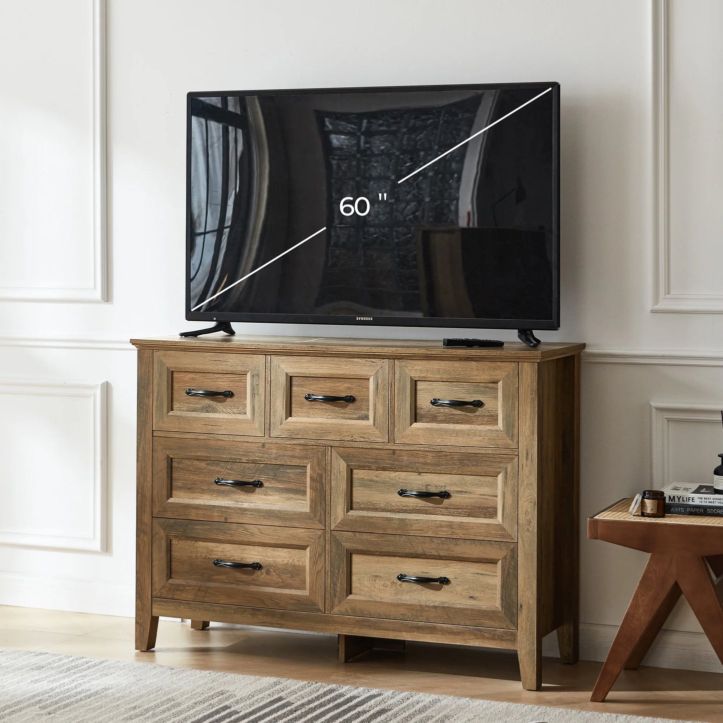 Long Wood Dresser with 7 Drawers & Metal Handles, Made with Eco-Friendly Wood