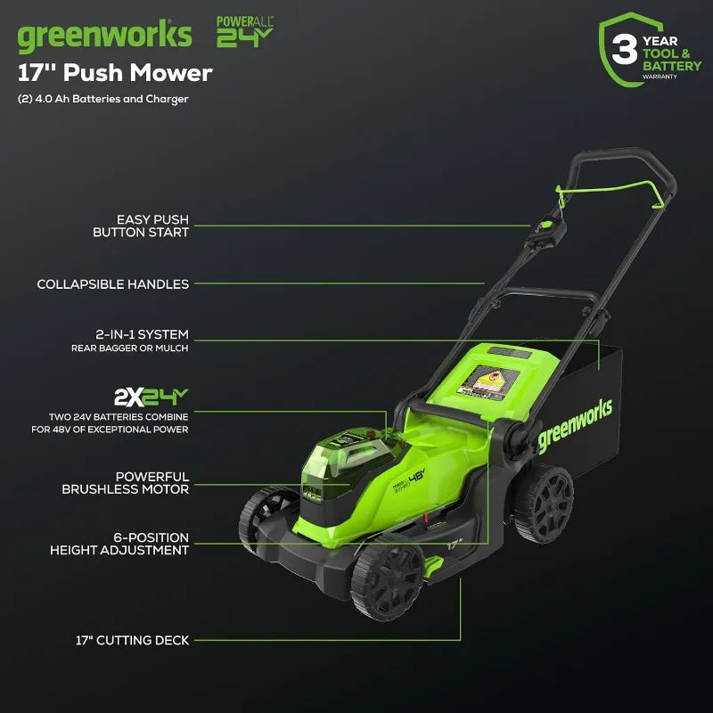 Brushless Push Mower 48V 17" with Two 4.0Ah Batteries & 2A Dual Port Charger, 6-Position Height Adjustment, Mulching & Rear Bagging