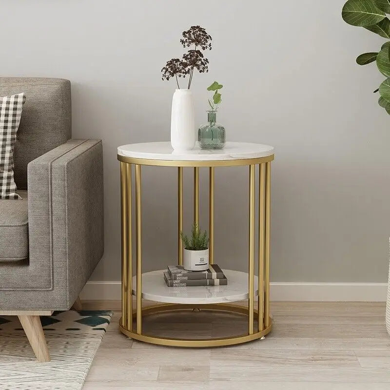 Round 2-Layer White Sintered Stone End Table with Golden Metal Frame, Small Round Coffee Table