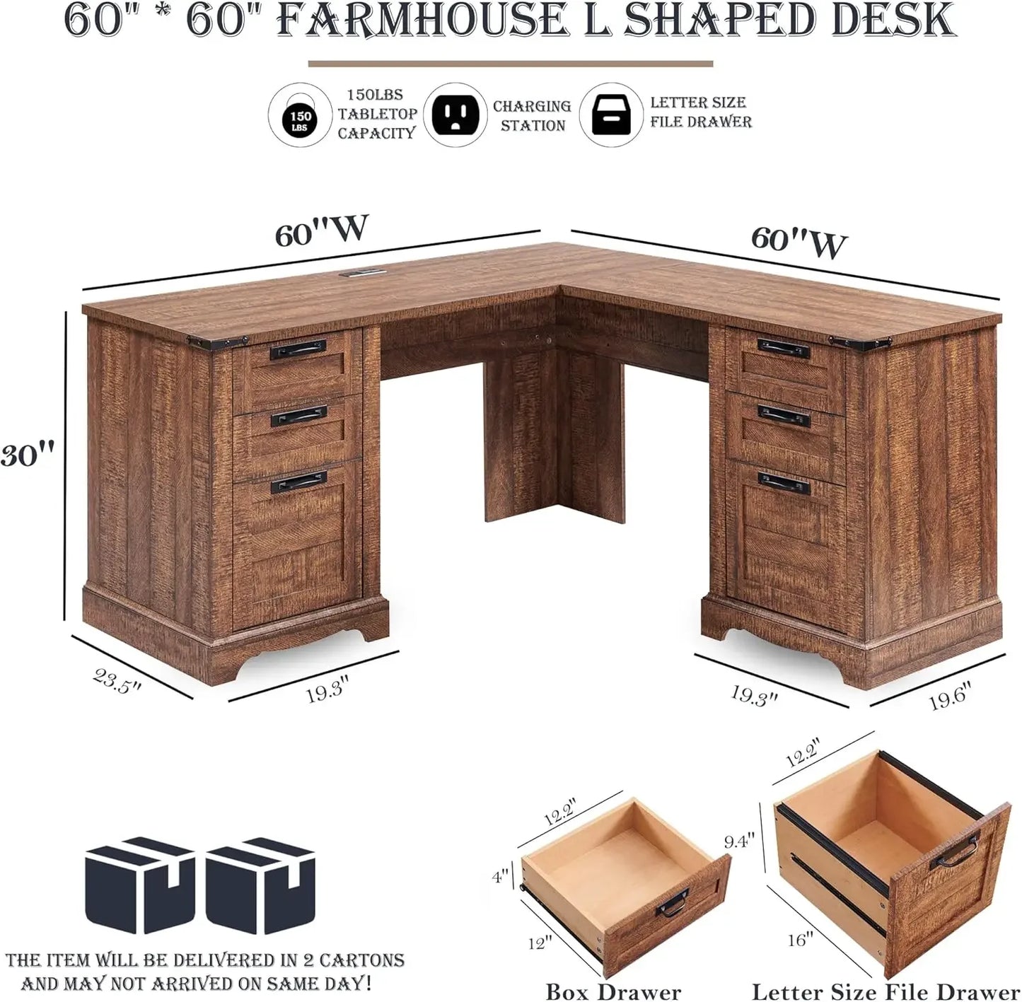 Wood Home Office Corner Desk 60" with 3 Standard Drawers, Letter Size File Drawer, Storage Cabinet, 2 USB Ports & 2 Outlets