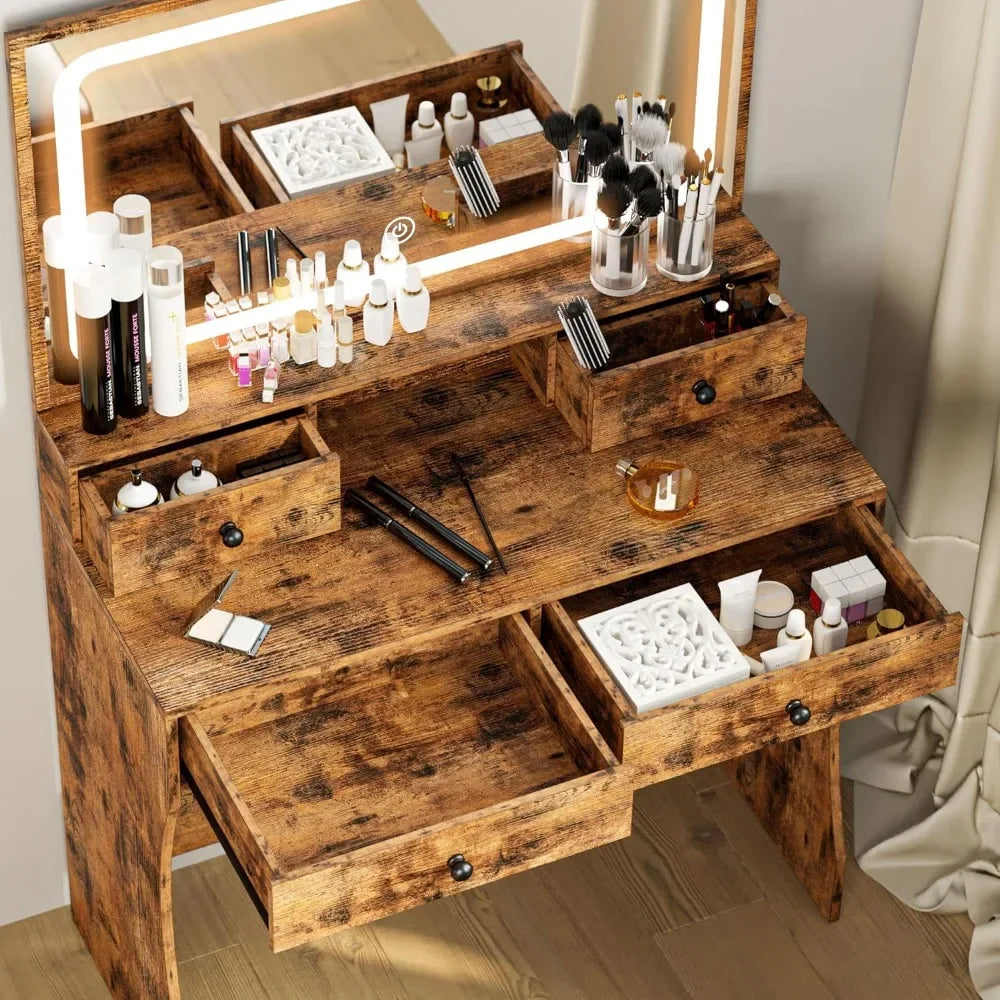 Makeup Table with Mirror Light & Storage Bench, Vintage Brown