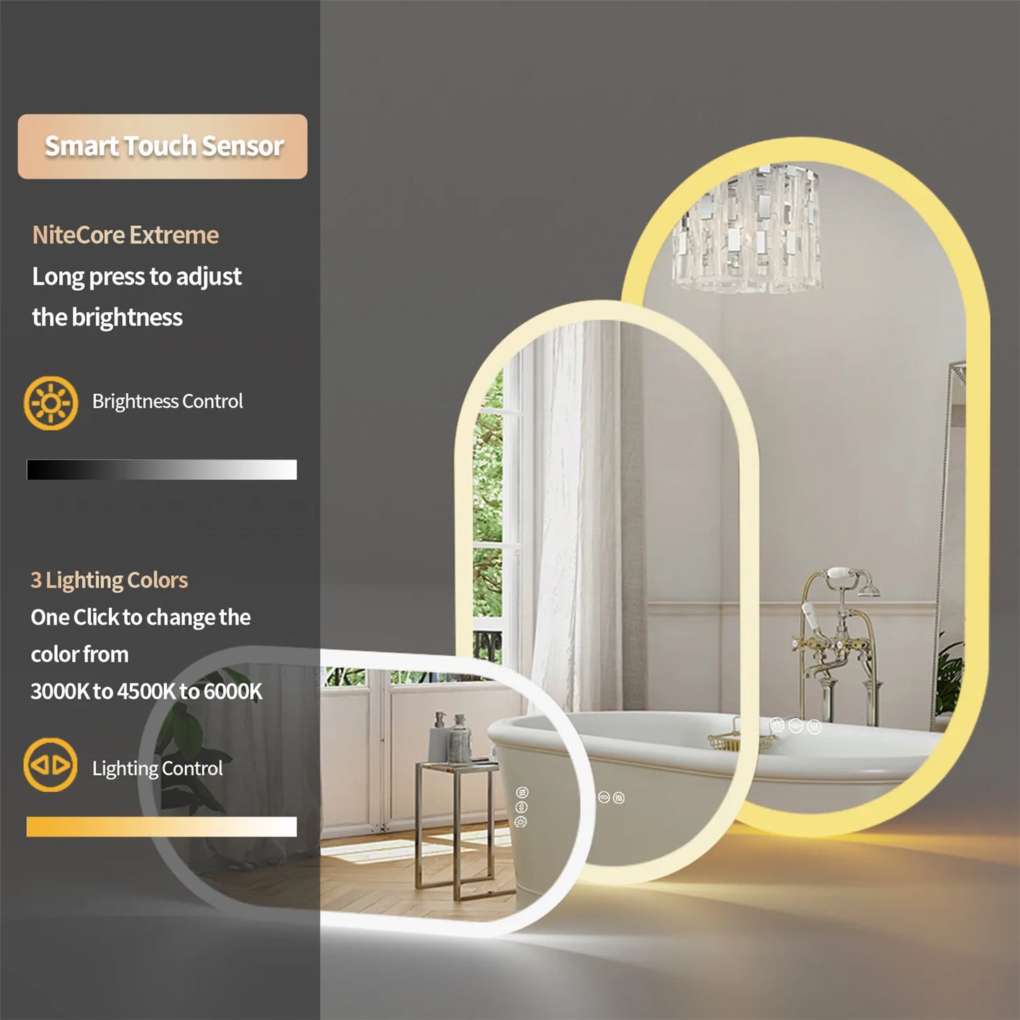 Oval Bathroom Mirror with Backlit LED, Dimmable 3 Colors, Anti-Fog Mirror with Light Memory - IP65