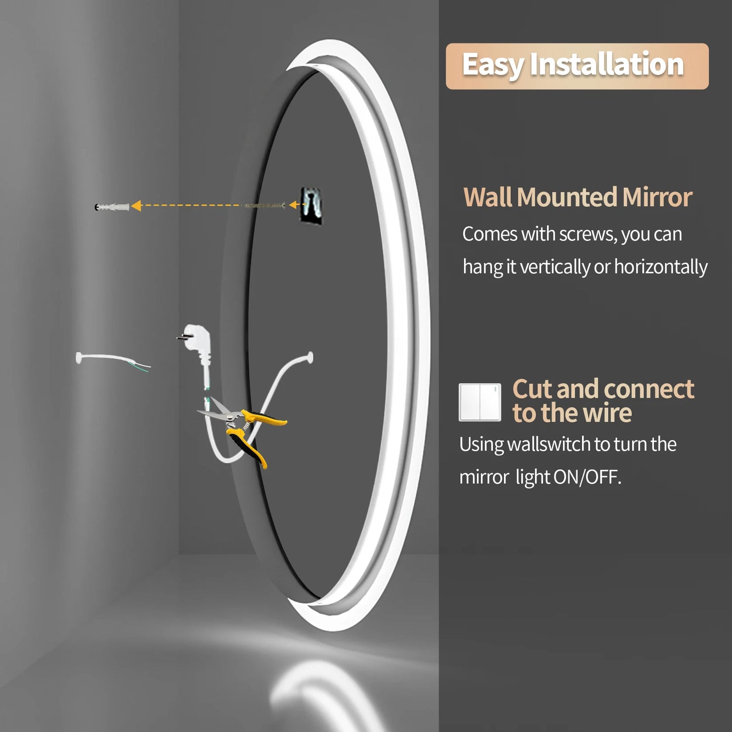 Round Backlit Illuminated Bathroom Mirror with 3 Color LED Lights, Anti-Fog, IP65, Dimmable & Wall Mounted