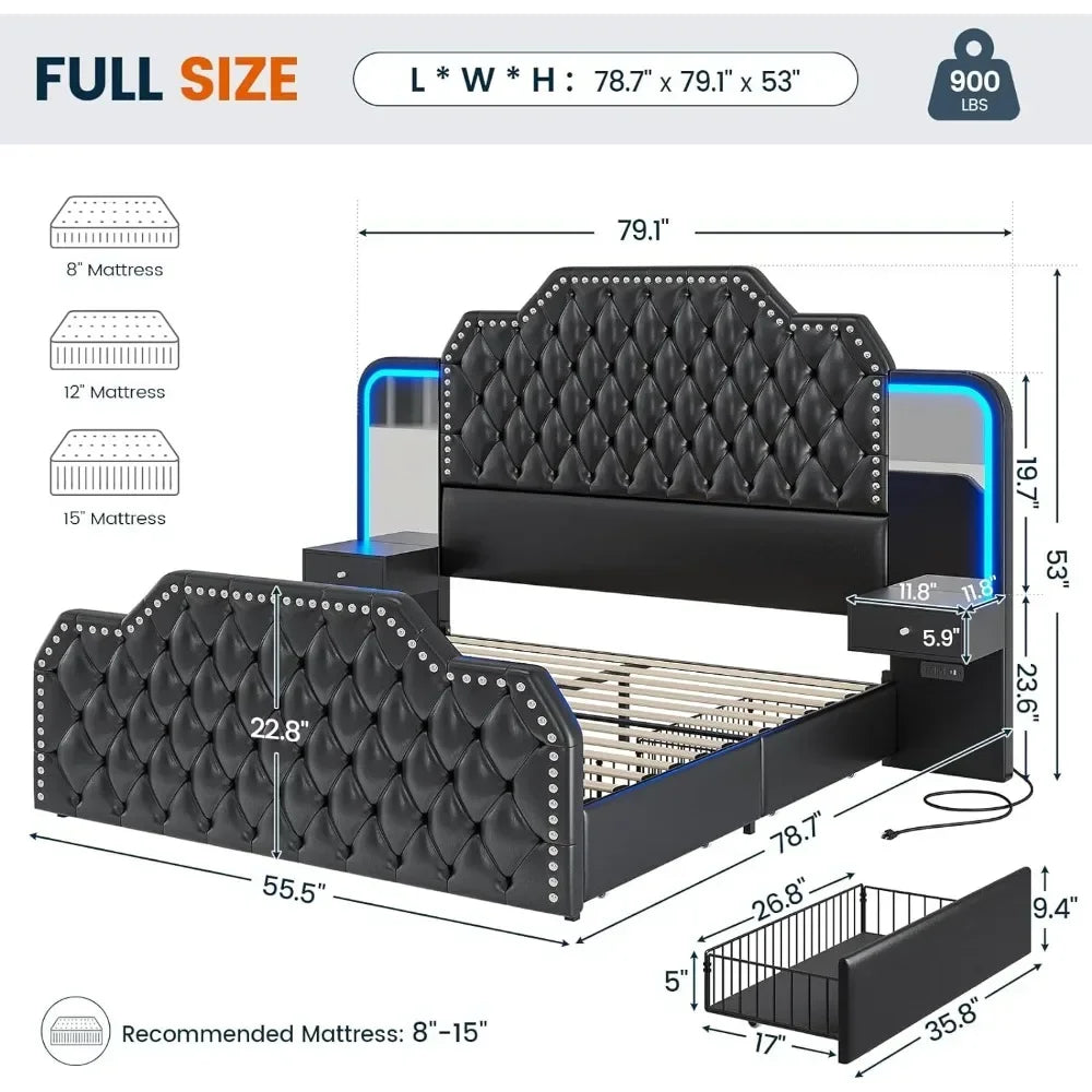 Queen Size 53” Tall Platform Bed Frame with 4 Under the Bed Storage Drawers, Built-in Charging Station, RGB LED Headboard Lights & 2 Mirrors