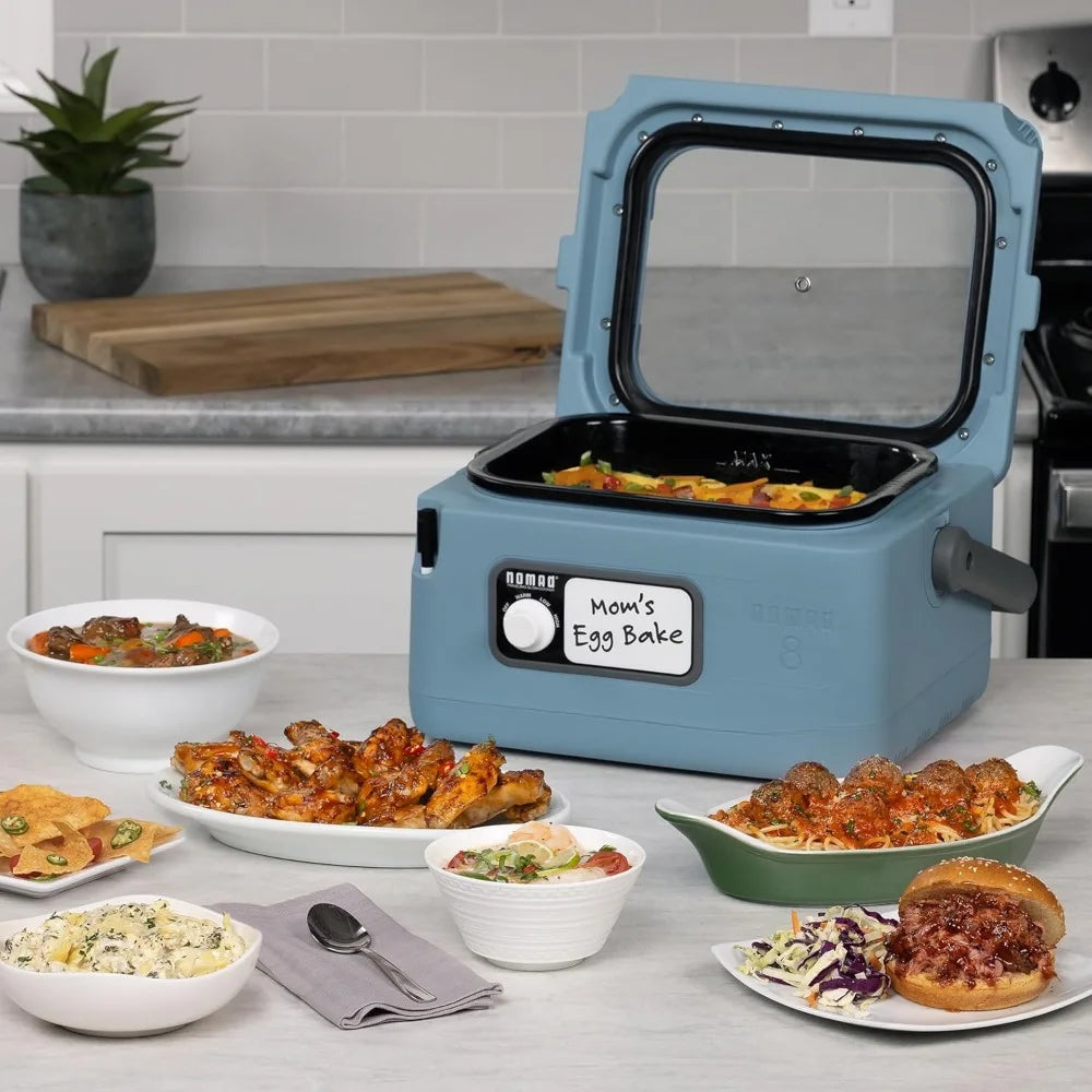 Traveling Slow Cooker 8qt Nomad® with Swing up Handle, Locking Lid, Dry Erase Board & Removable Porcelain Enameled Cooking Pot