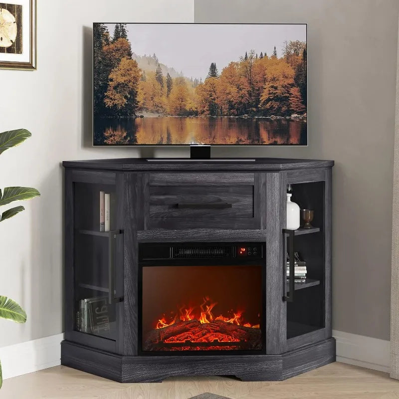 Corner Wood Entertainment Center with 18" LED Display Electric Fireplace Heater, 2 Glass Door Cabinets & 1 Pull-Out Drawer, For TVs up to 43"