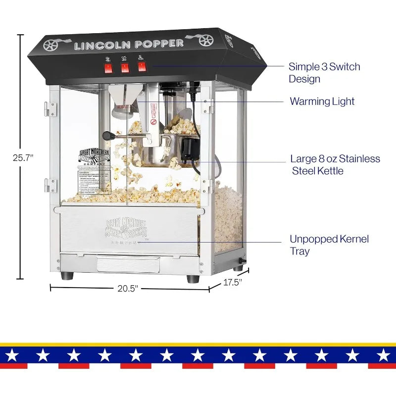 Countertop Bar-Style Popcorn Machine; 8oz Popper with Stainless-Steel Kettle, Reject Kernel Tray, Warming Light & Simple 3 Switch Design