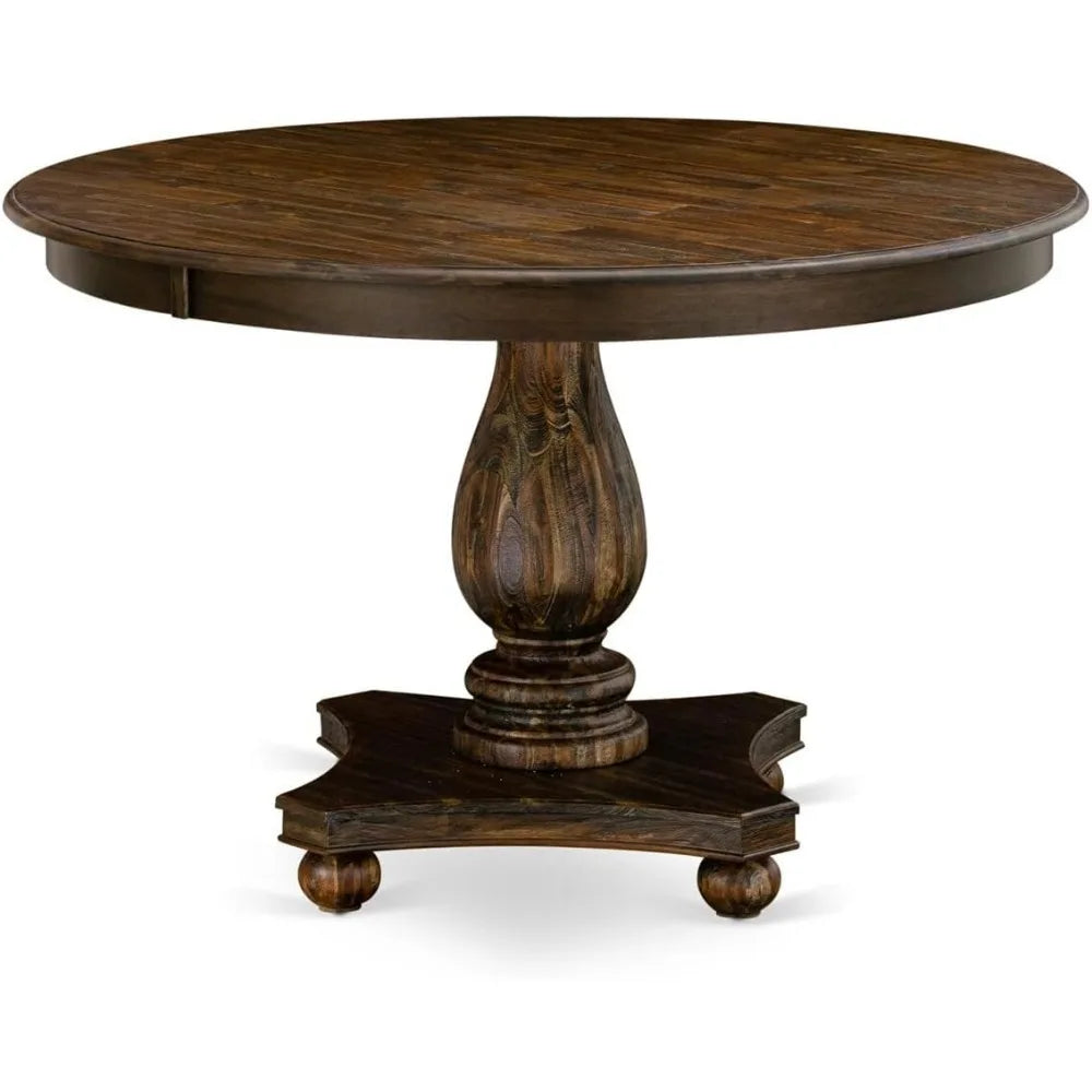 Contemporary Round Dining Table with Pedestal Base, Distressed Jacobean Style, 48" Diameter