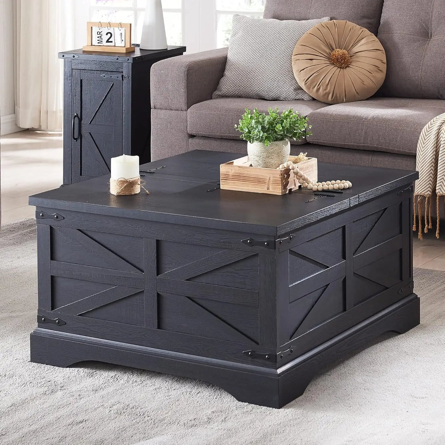 Square Wooden Table with Hidden Storage Compartment Under the Dual Liftable Tabletop Sections, Classic Barn Door Pattern Design