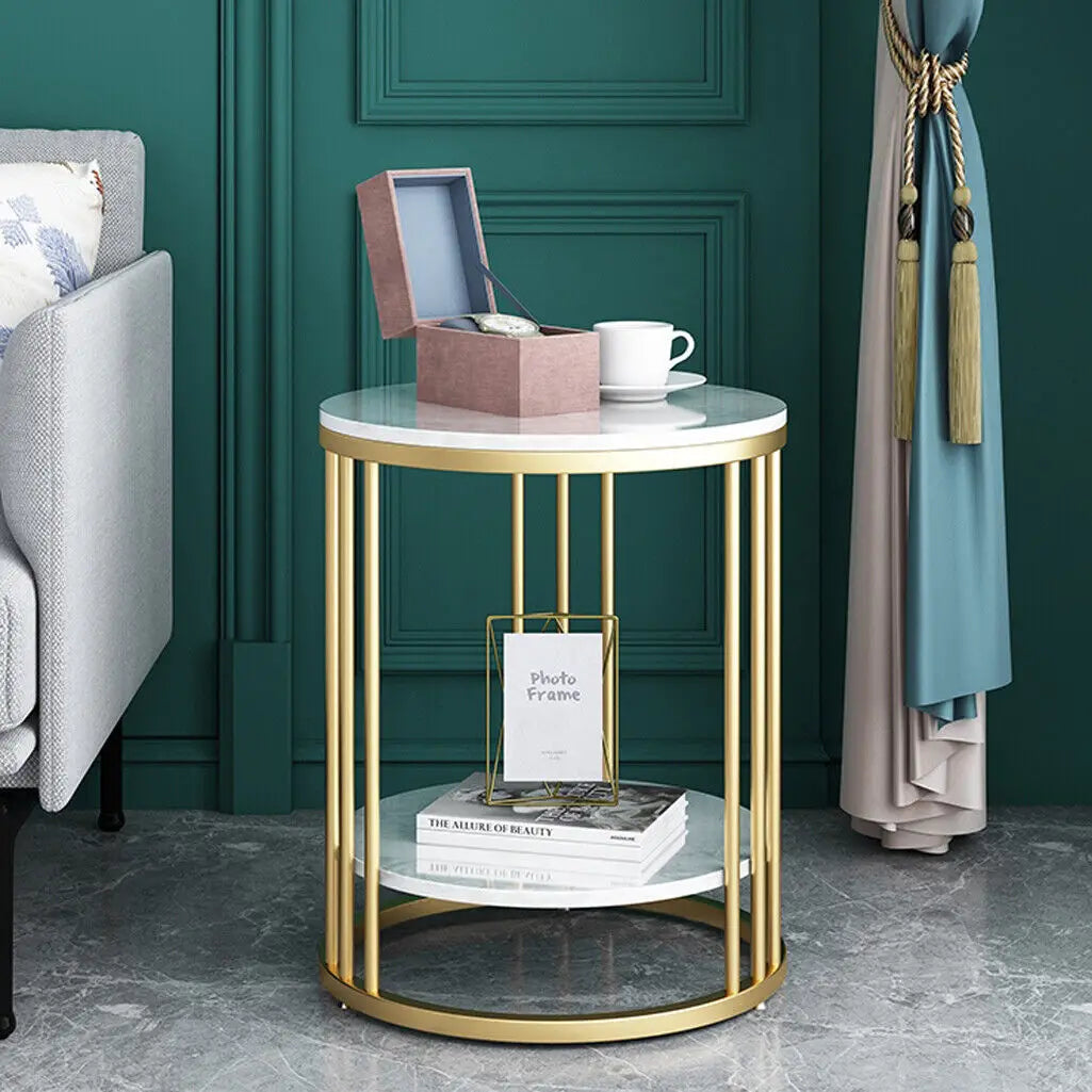 Round 2-Layer White Sintered Stone End Table with Golden Metal Frame, Small Round Coffee Table