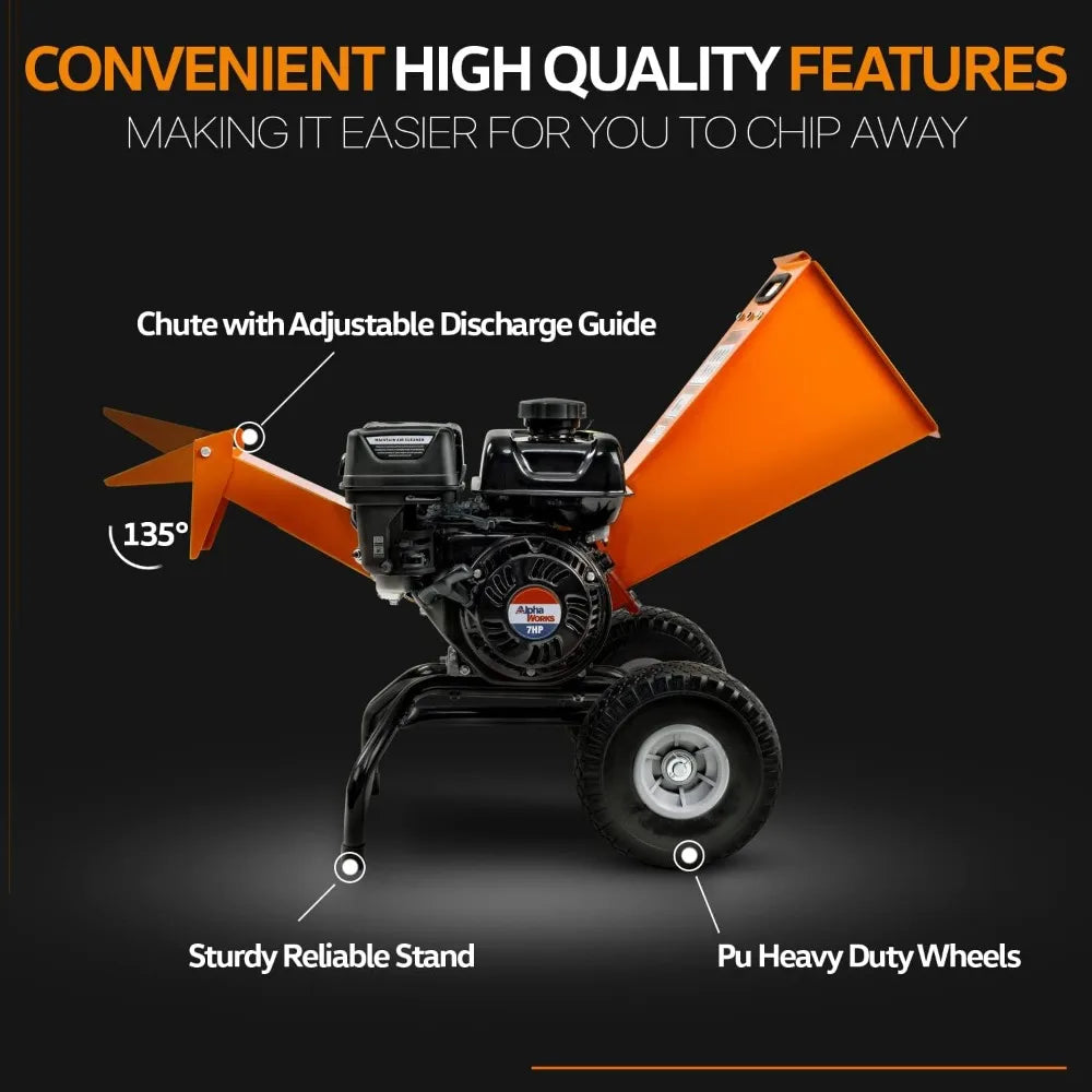 Compact Wood Chipper with OHV 7HP Gas Engine, Adjustable Discharge Chute & Sturdy Stand, Handles Up to 3" Diameter Wood