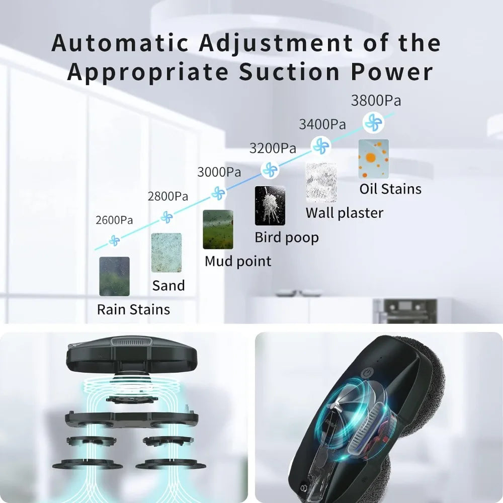 Robot Window Cleaner 3800pa with Voice Assistant Control, Remote & 12 Microfiber Cloths Included