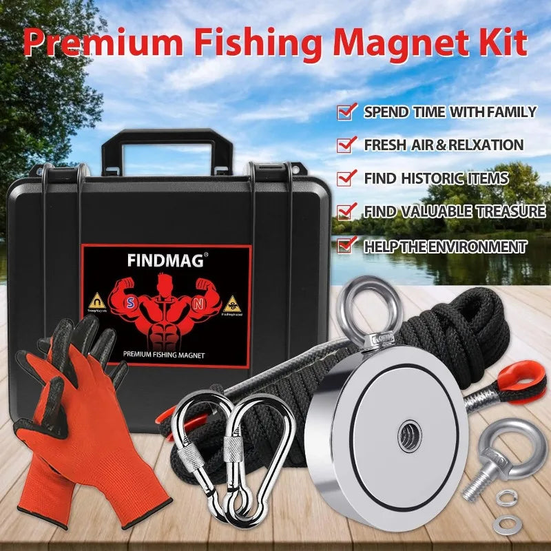 Double Sided Magnet Fishing Kit with Grappling Hook, Nylon Rope & Protective Gloves for Finding Lost Treasures in Rivers & Lakes