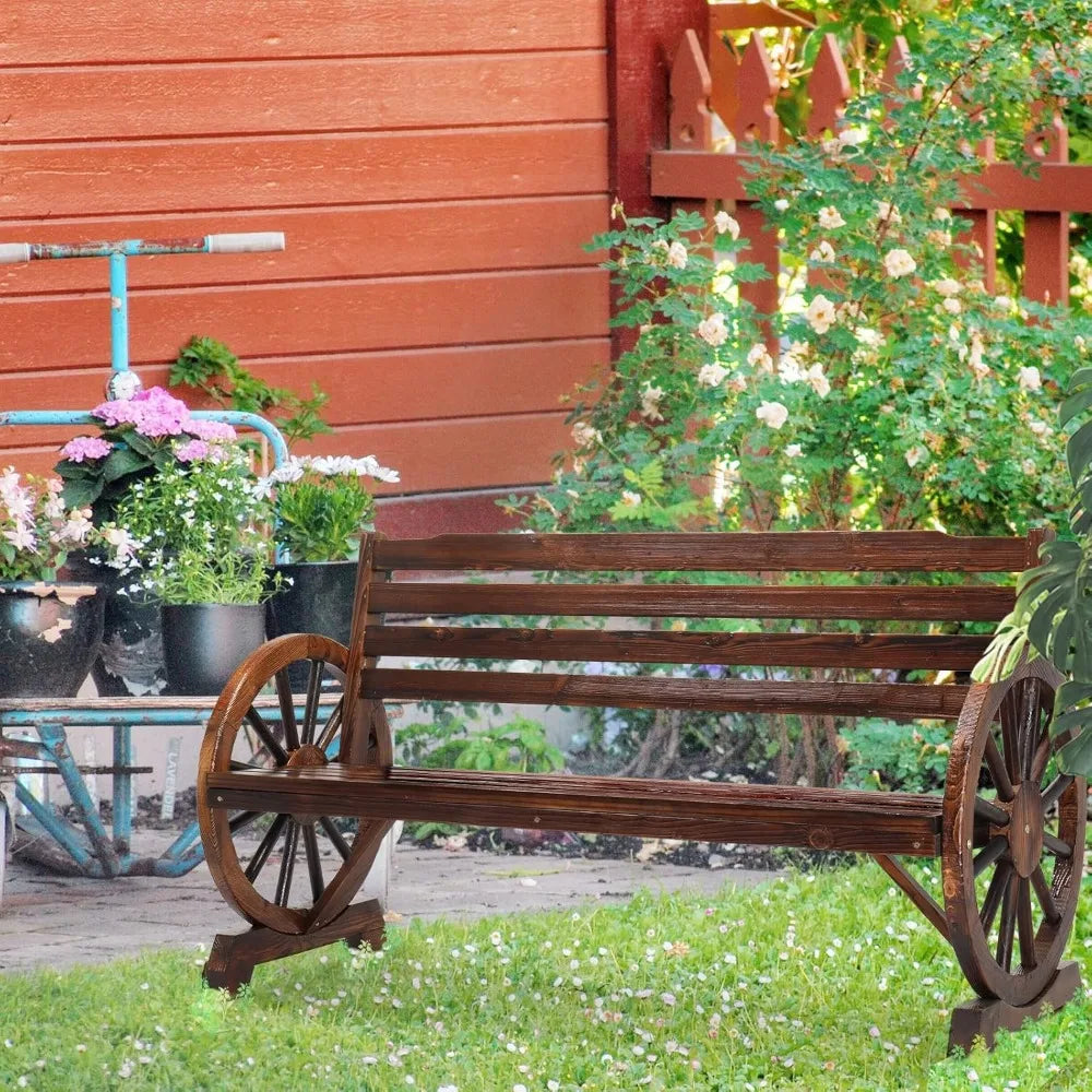 Outdoor Rustic Wood Bench with Wagon Wheel Arms, Carbonized Color Finish, Slatted Bench & Backrest, 3-Person Patio Bench