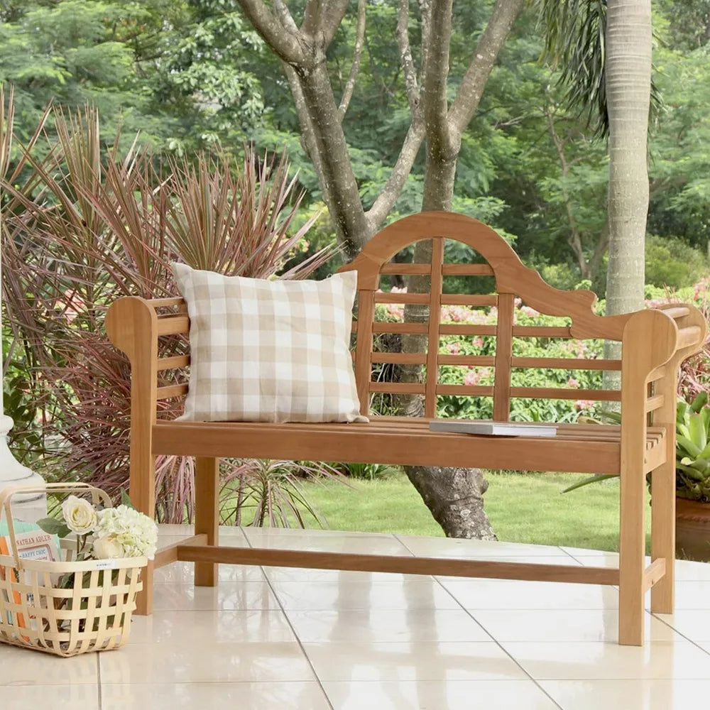 Natural Teak 4' Outdoor Patio Bench with Fine Sanded Finish, Ergonomically Curved Backrest and Comfortable Armrests