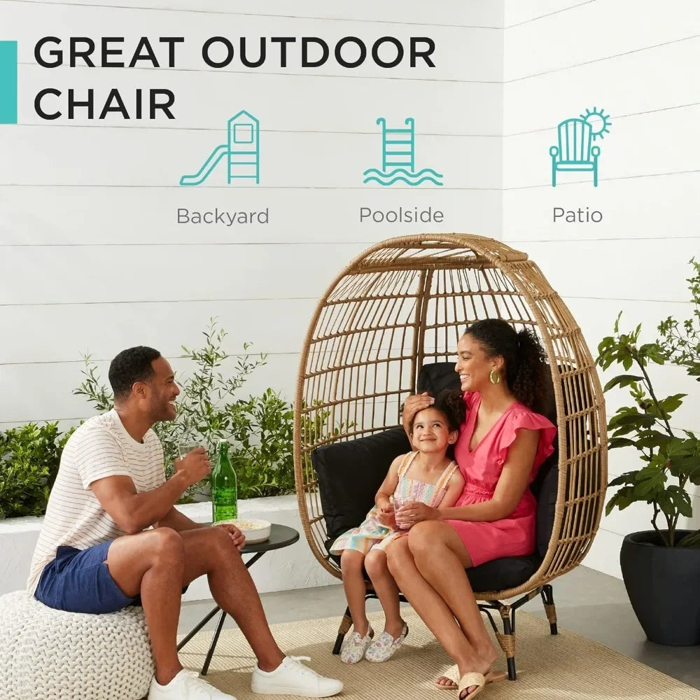 Indoor/Outdoor Egg Chair with Surround Support Cushions & Steel Wicker Wrapped Frame, Oversized Lounger