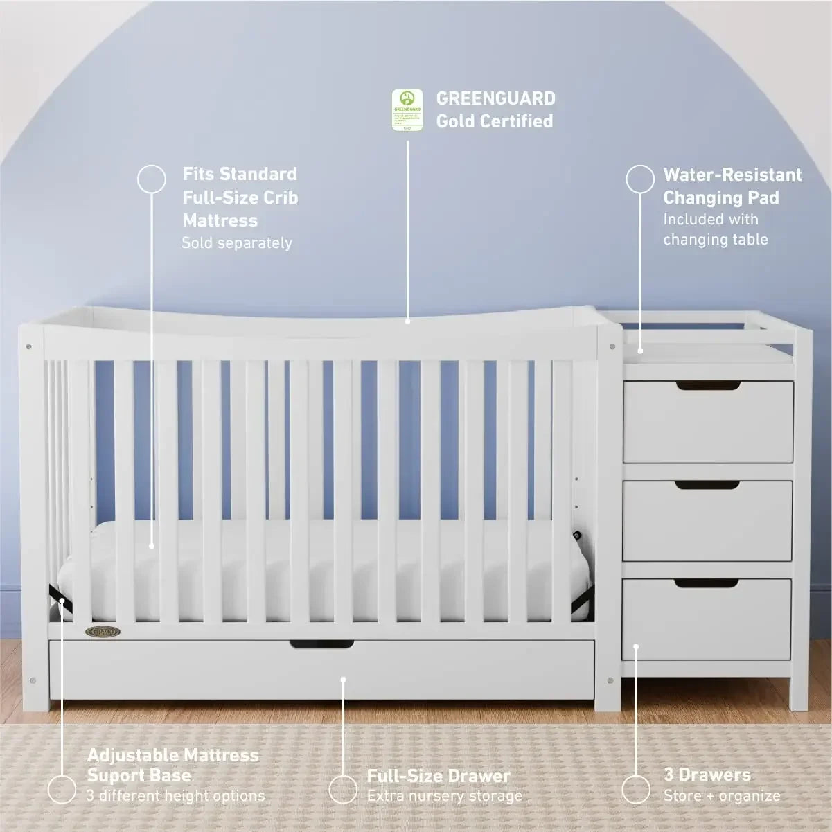 Convertible Crib & Changing Table 4-In-1 with Full-Size Bottom Drawer, 3 Enclosed Storage Drawers & 2 Open Shelves