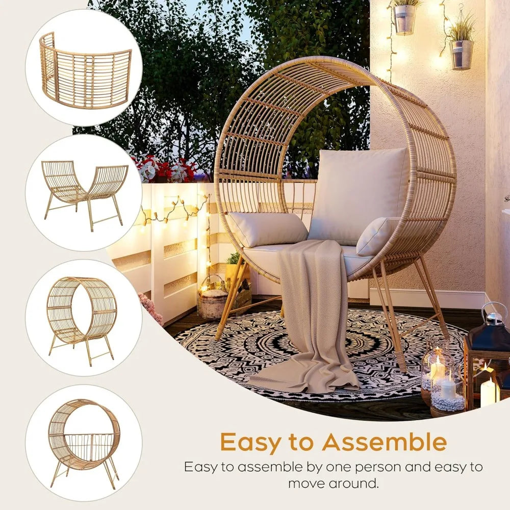 Oversized Wicker Round Egg Chair with Stand, Steel Frame, 6.69'' Fast Rebound Foam Cushions, For Indoors or Outdoors