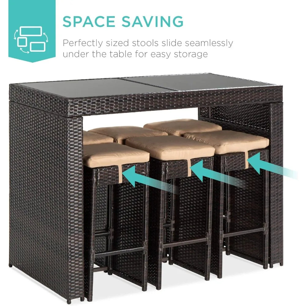 Outdoor Rattan Wicker Bar Furniture 7-Piece Set, Glass Top Table & 6 Stools, Space-Saving Design; Stools Slide Under the Table