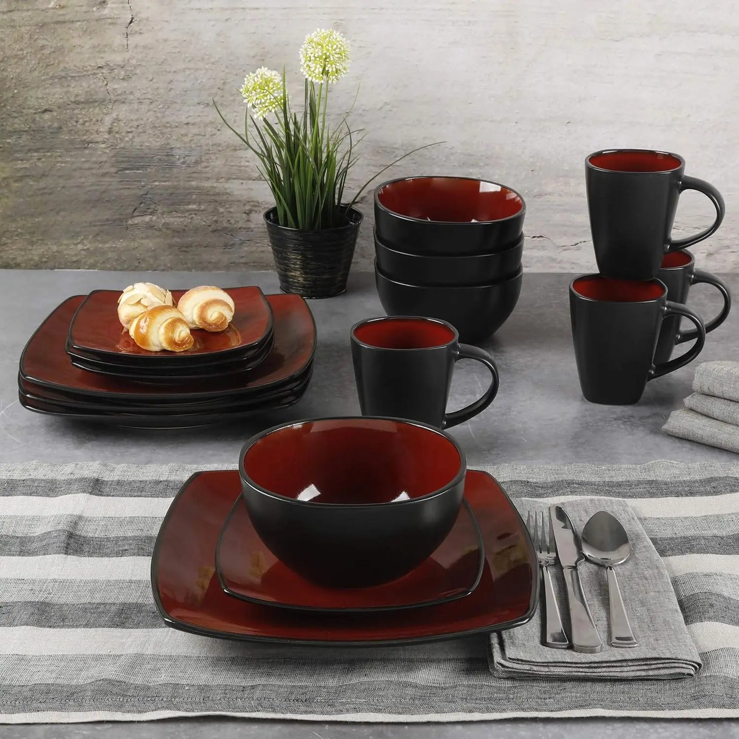 Dinnerware Set, Stoneware/Double Reactive Glaze Red & Black, 16pcs