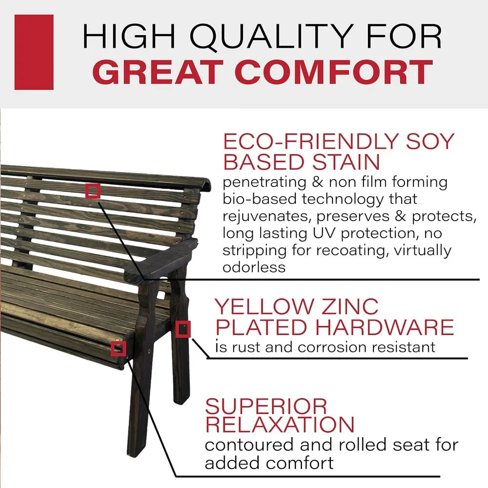 Heavy Duty 4'  Roll Back Outdoor Bench in Dark Walnut Stain, Kiln-Dried Pressure Treated Pine for Outdoor Durability