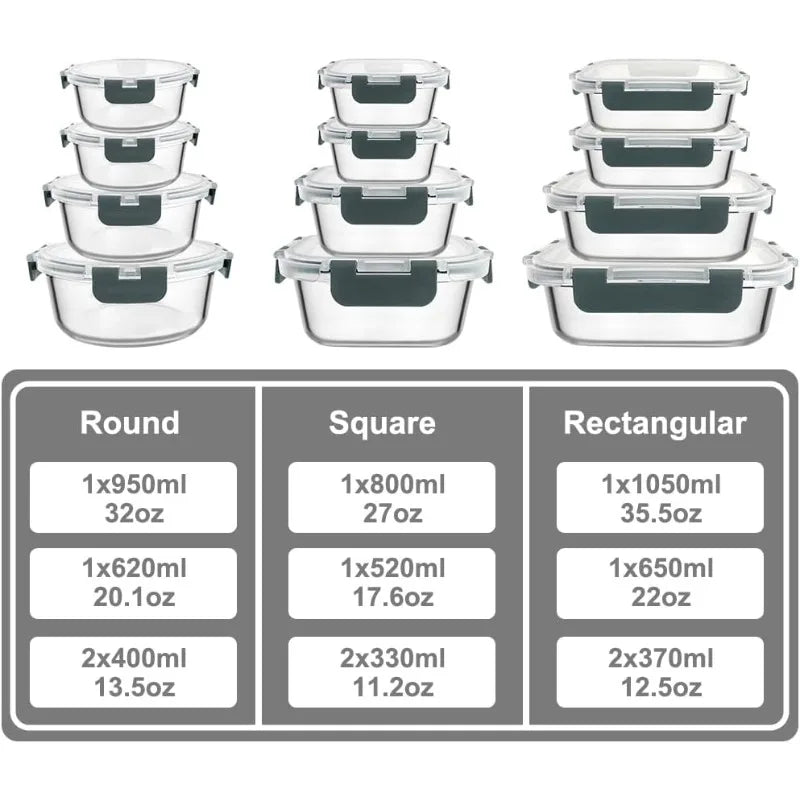 Premium Borosilicate Glass Food Storage Containers, 12pcs with Air-Tight Snap Locking Lids, Use in the Freezer & Straight into Oven