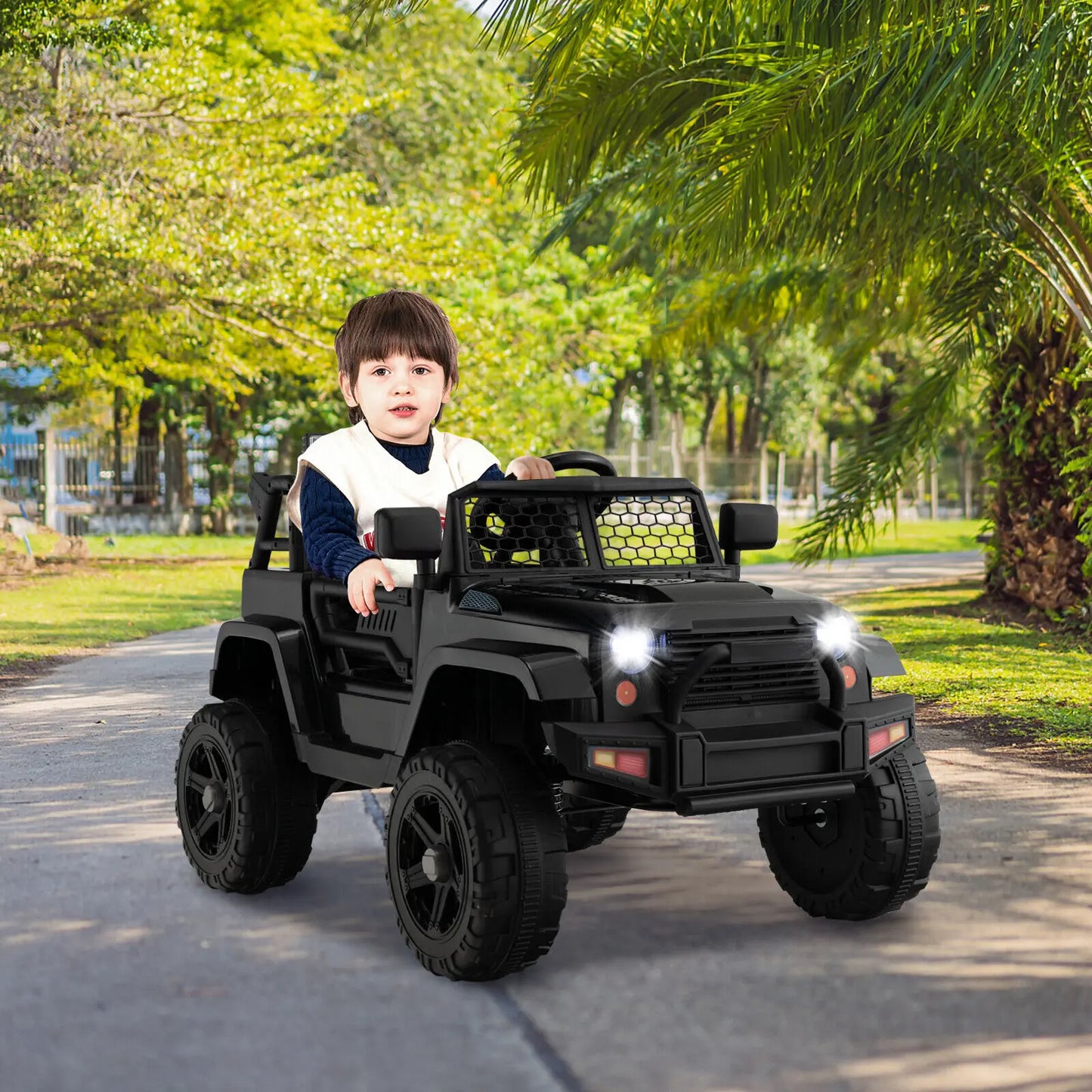 Midnight Edition Electric 12V Kids Ride On with 4 Spring Shocks, Remote Control, Lockable Doors & Screen Style Windshield