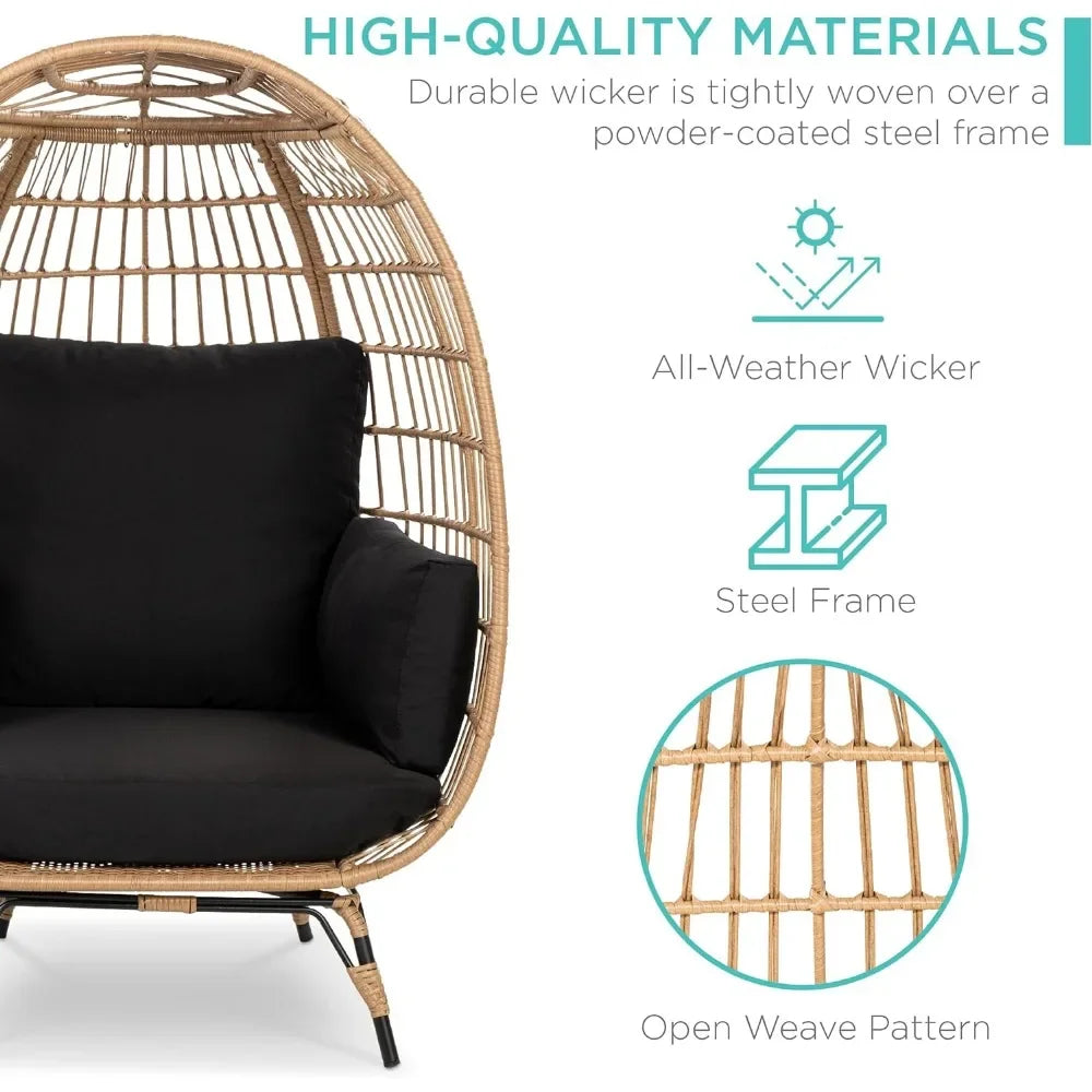 Indoor/Outdoor Egg Chair with Surround Support Cushions & Steel Wicker Wrapped Frame, Oversized Lounger